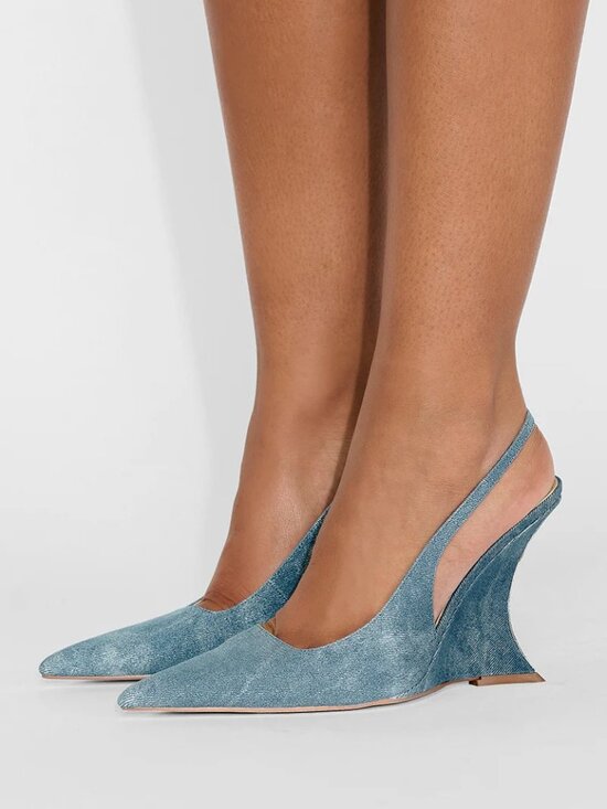 Shoe Dazzle Shoes - NEW! DENIM Light Blue Jeans Slingback Wedge Pump Heels Shoes | SIZE 8